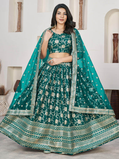 Adorable Teal Green Zari Embroidered Jacquard Lehenga Choli